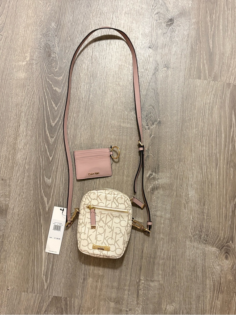 Calvin Klein Cream and Pink Monogram Mini Crossbody with Cardholder